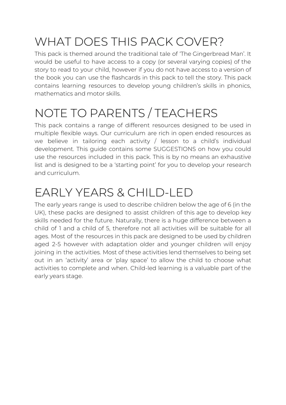 Pack overview: story theme, phonics, maths and motor skills resources, a note to parents and teachers, and child-led use