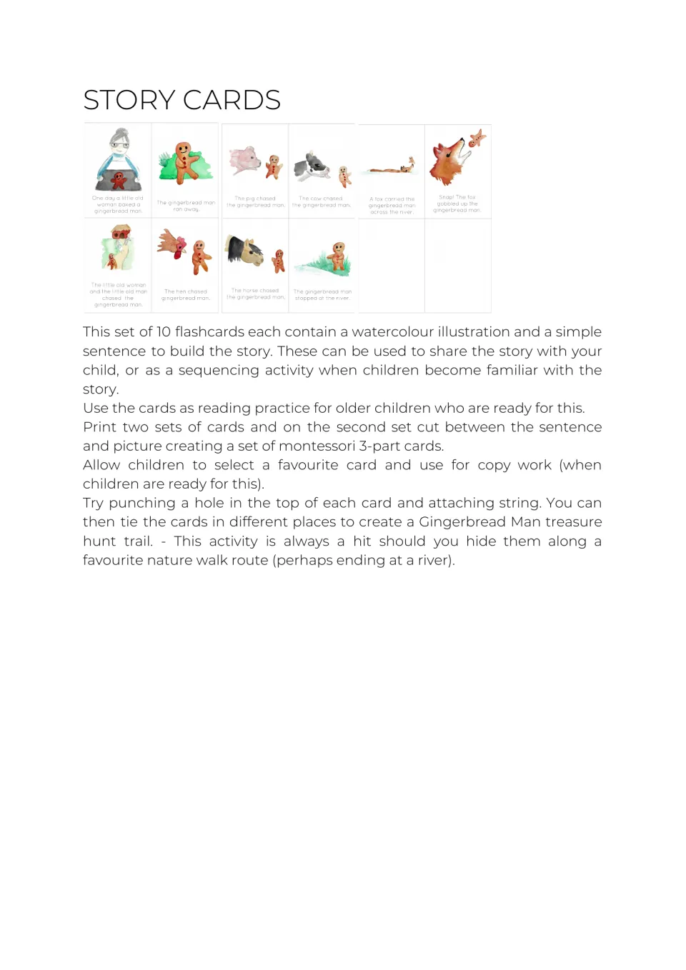Story cards: 10 watercolour flashcards retelling the tale, with ideas for sequencing, reading, 3-part cards and hunts