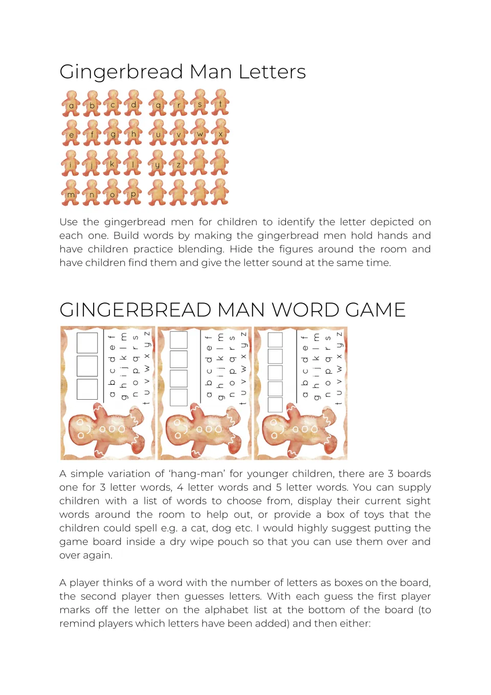 Letter figures a to z for letter sounds and blending, plus a hangman-style word game with 3, 4 and 5 letter boards