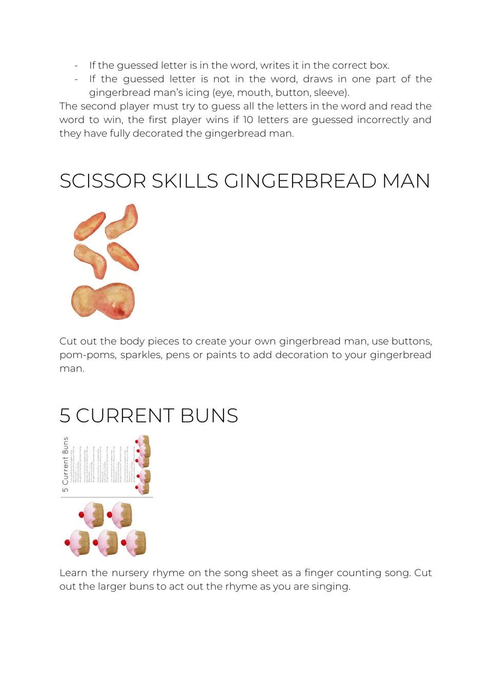Word game rules continued, a scissor skills cutting out body pieces to decorate, and the 5 Current Buns counting rhyme