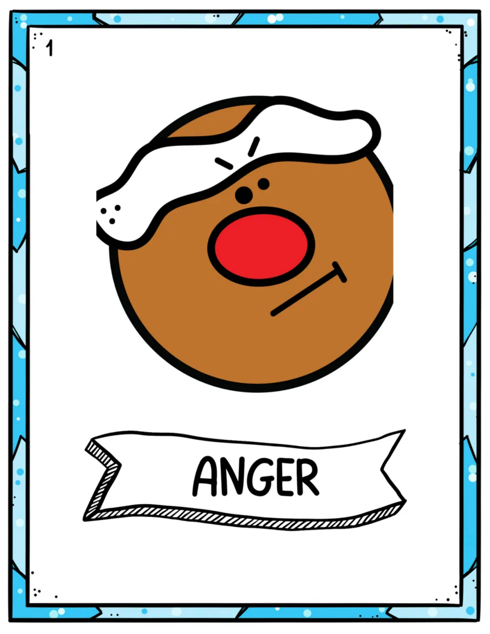 Anger emotion poster: a gingerbread face with slanted angry brows and a flat frown, labeled ANGER, for naming feelings