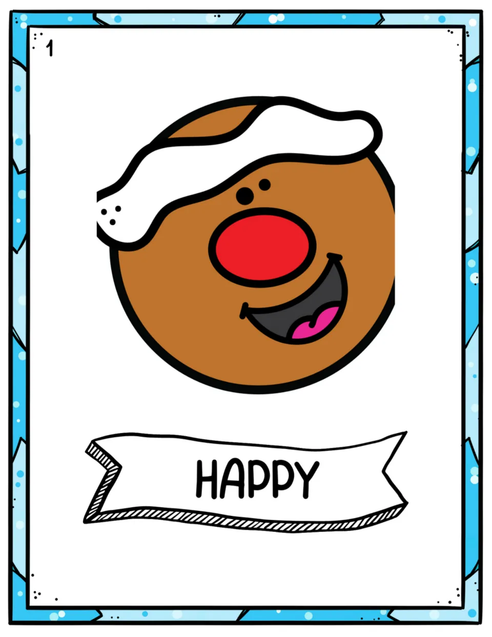 Happy emotion poster: a gingerbread face with a wide open-mouthed smile, labeled HAPPY, for recognizing facial expressions