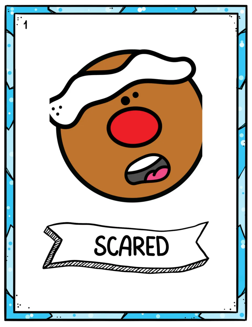 Scared emotion poster: a gingerbread face with a tense open mouth, labeled SCARED, for identifying fear by expression
