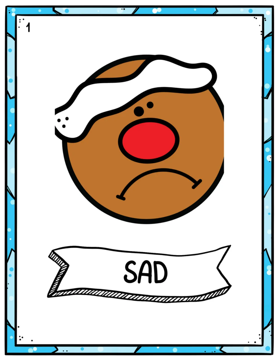 Sad emotion poster: a gingerbread face with a deep downturned frown, labeled SAD, for matching a feeling word to a face