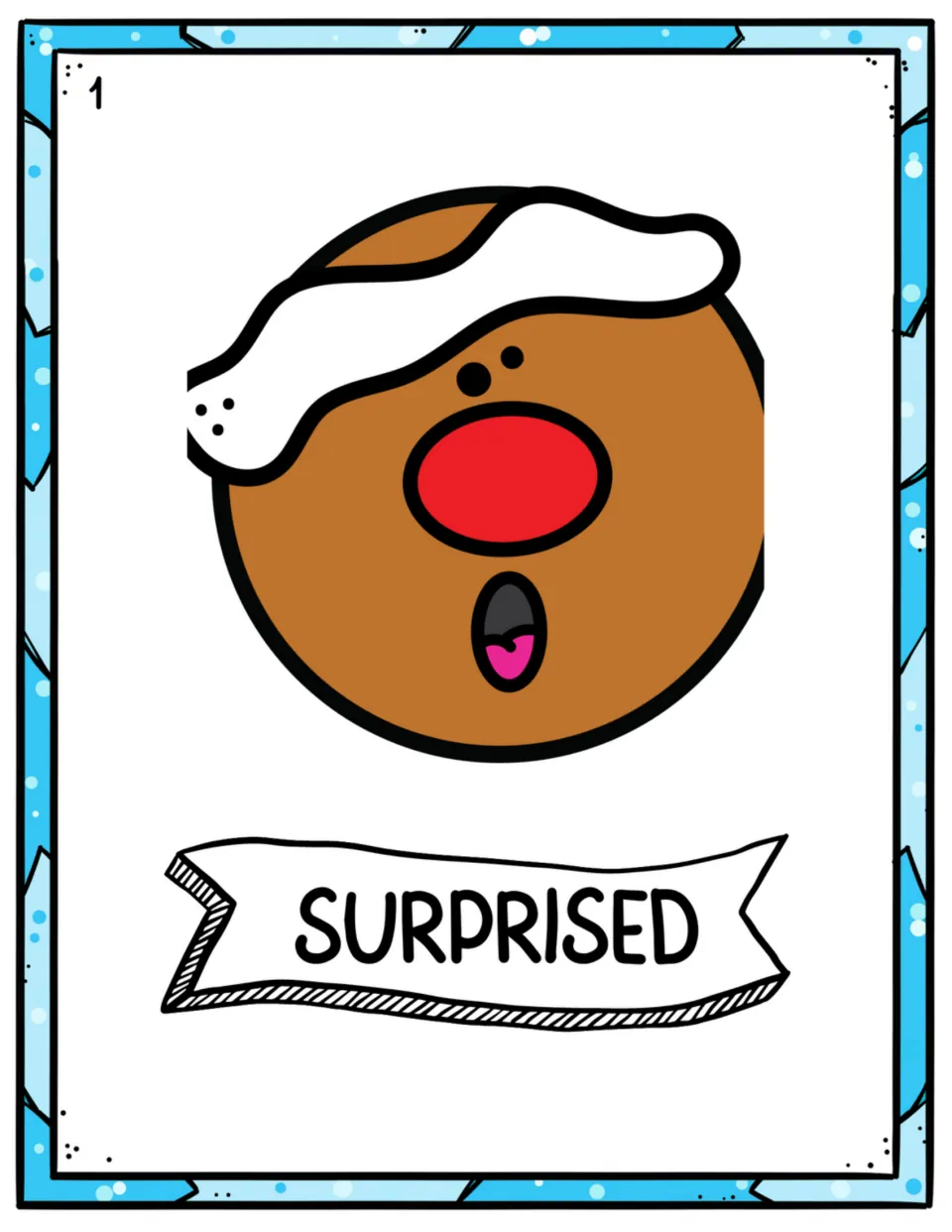 Surprised emotion poster: a gingerbread face with a round open mouth, labeled SURPRISED, for reading facial expressions