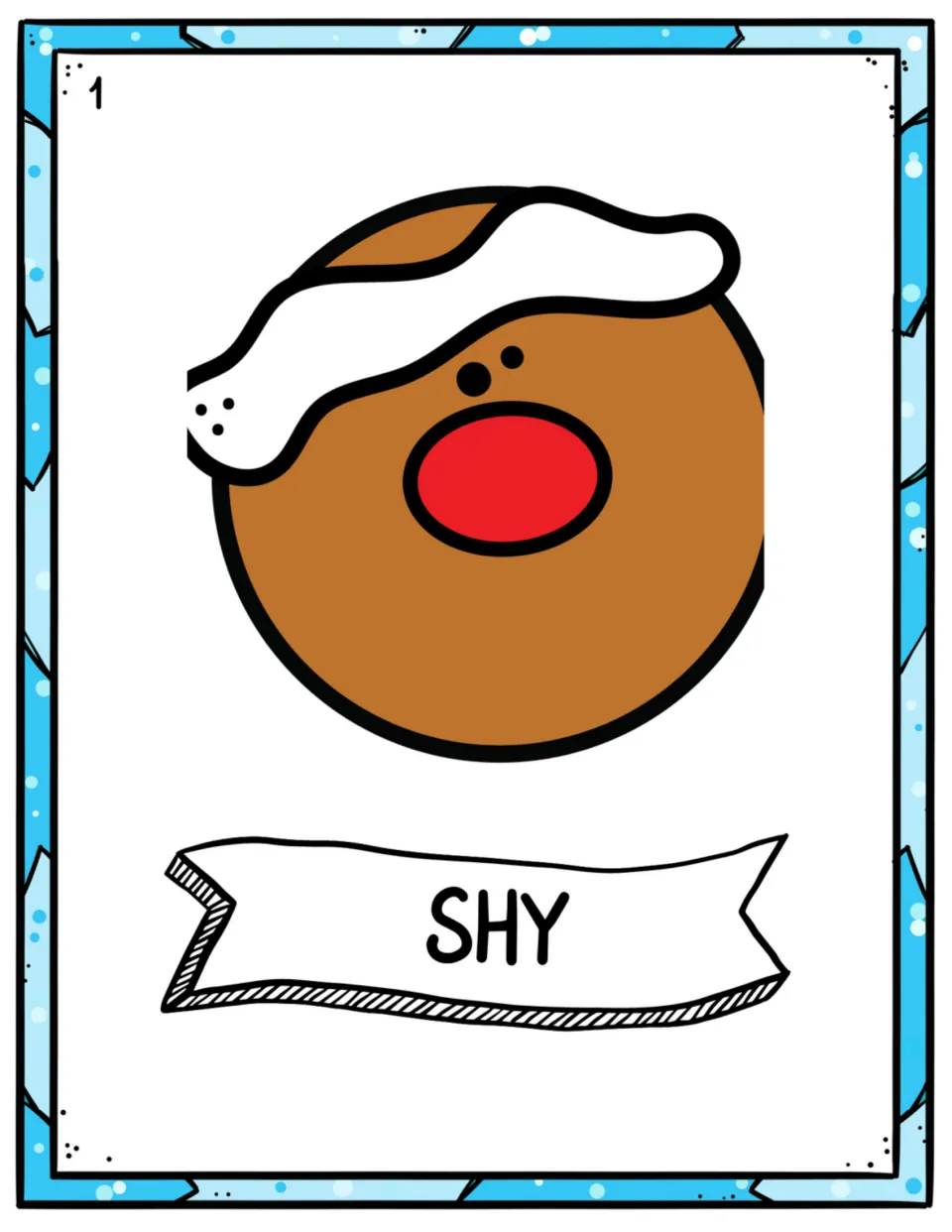 Shy emotion poster: a gingerbread face shown with no mouth, labeled SHY, to link the word to a quiet expression