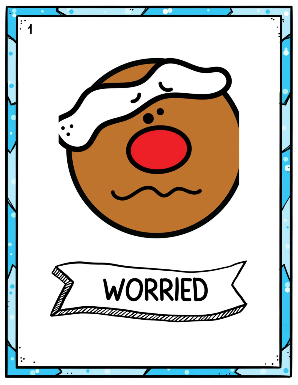 Worried emotion poster: a gingerbread face with closed eyes and a wavy mouth, labeled WORRIED, for naming anxious feelings
