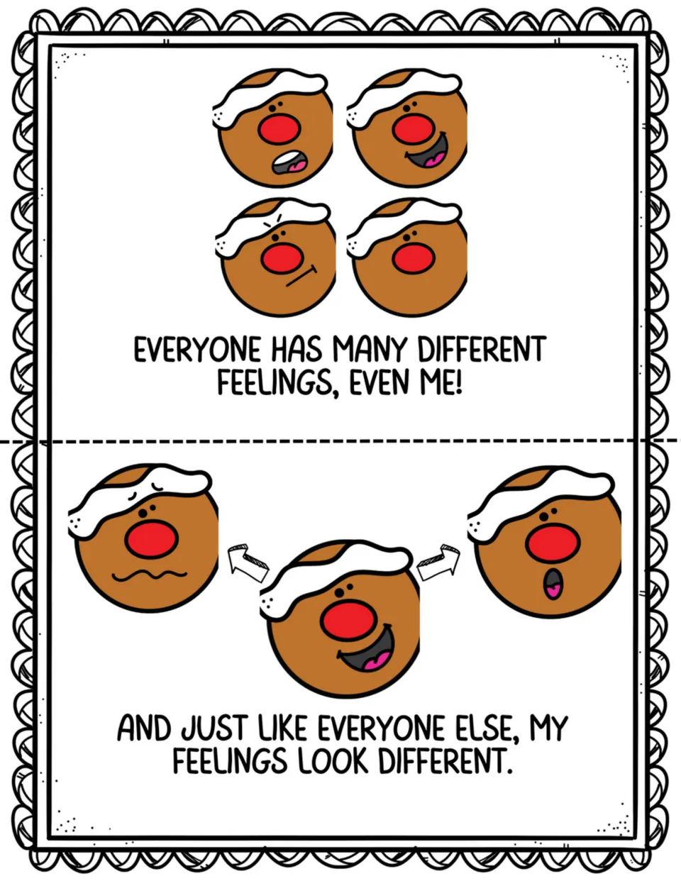 Story pages saying everyone has many different feelings, shown with gingerbread faces that each look different
