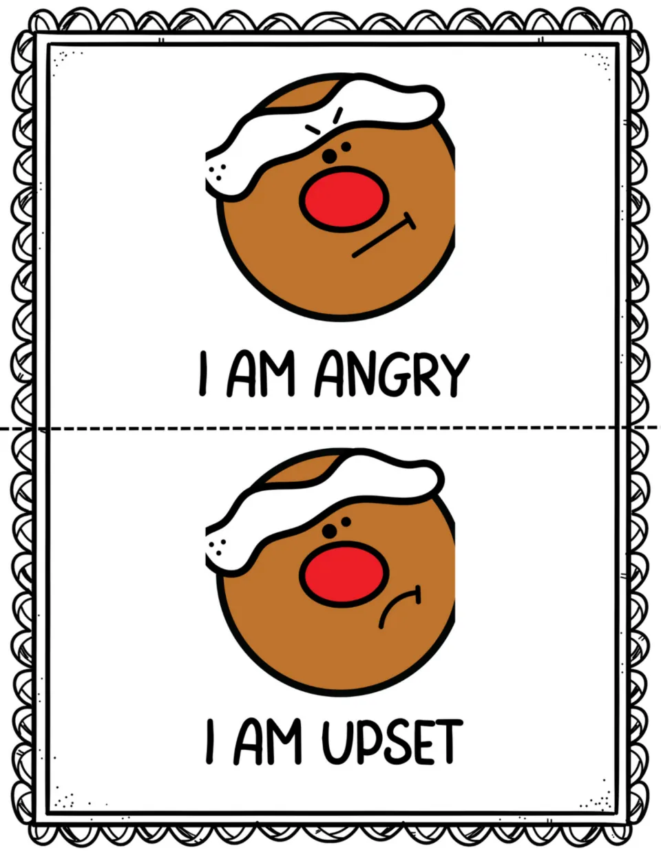 Labeling emotions: story pages pairing an angry gingerbread face with 'I am angry' and an upset face with 'I am upset'