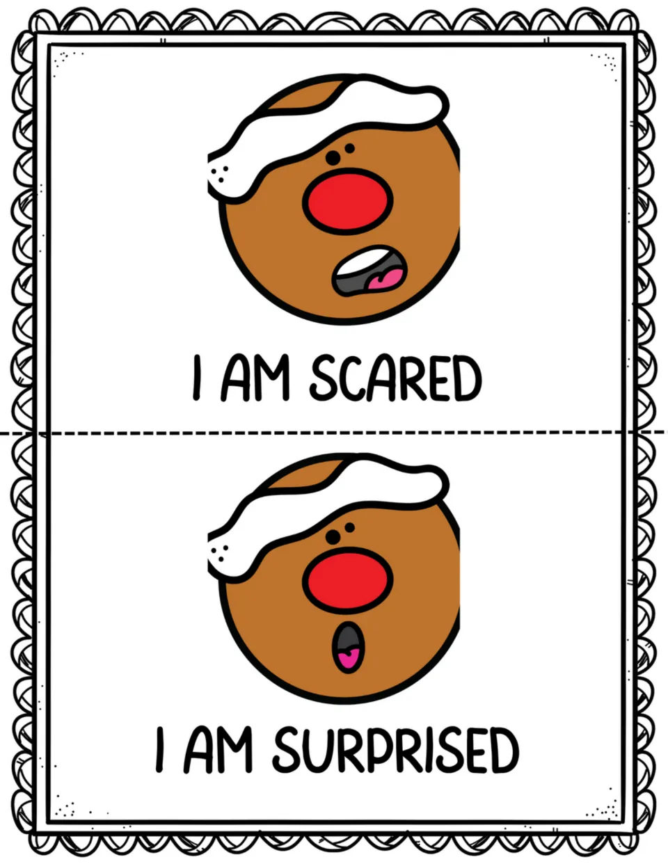 Labeling emotions: gingerbread faces captioned 'I am scared' and 'I am surprised', one with a wide mouth, one open