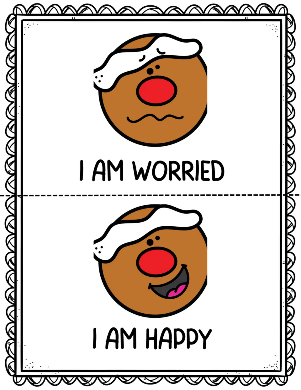 Labeling emotions: gingerbread faces captioned 'I am worried' with a wavy mouth and 'I am happy' with a big smile