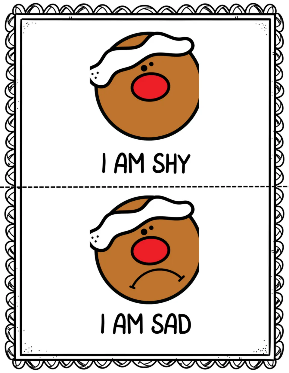 Labeling emotions: gingerbread faces captioned 'I am shy' with a plain face and 'I am sad' with a deep frown