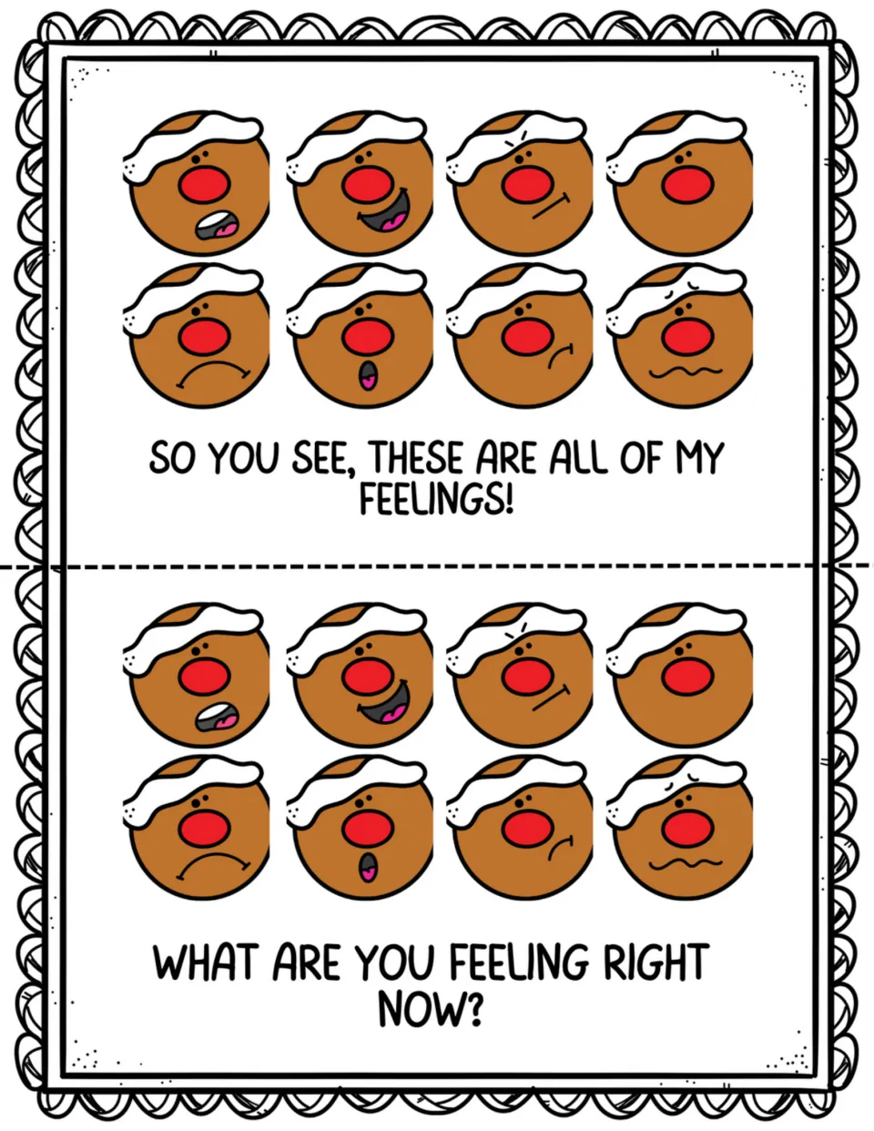 Story ending: all eight gingerbread feelings shown twice, then 'What are you feeling right now?' for a check-in
