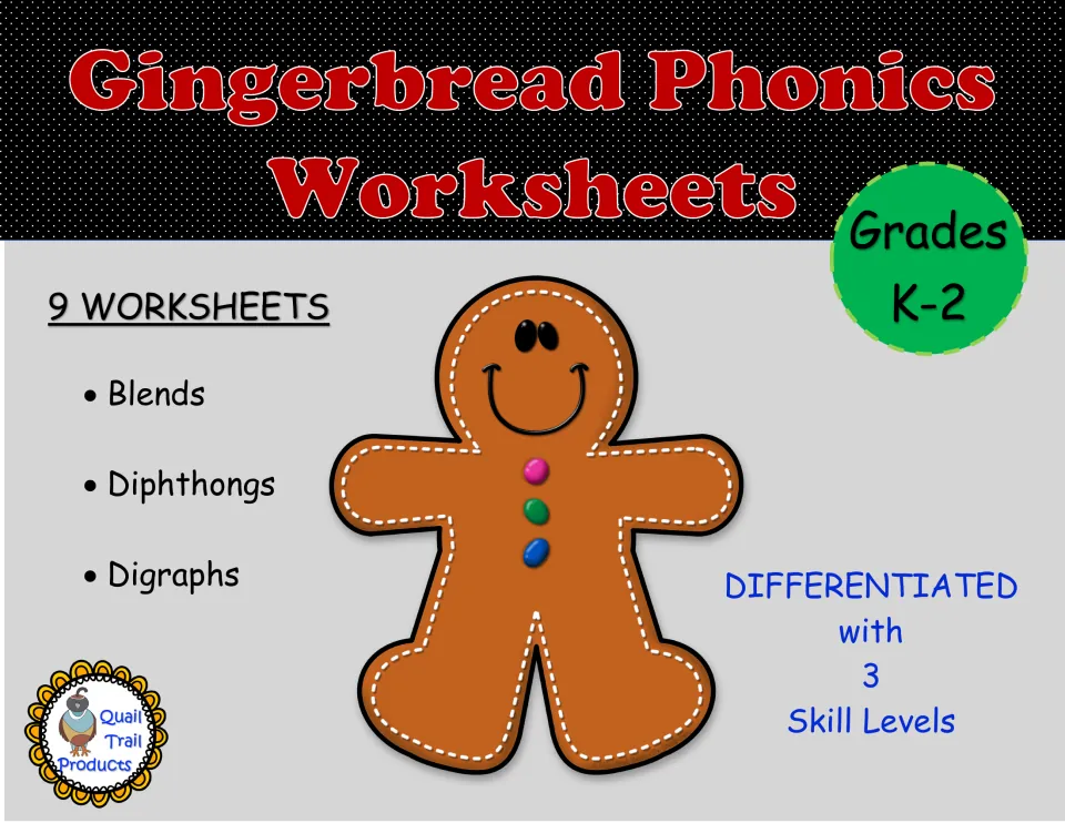 Gingerbread Phonics Worksheets cover: 9 worksheets on blends, diphthongs and digraphs, differentiated at 3 skill levels