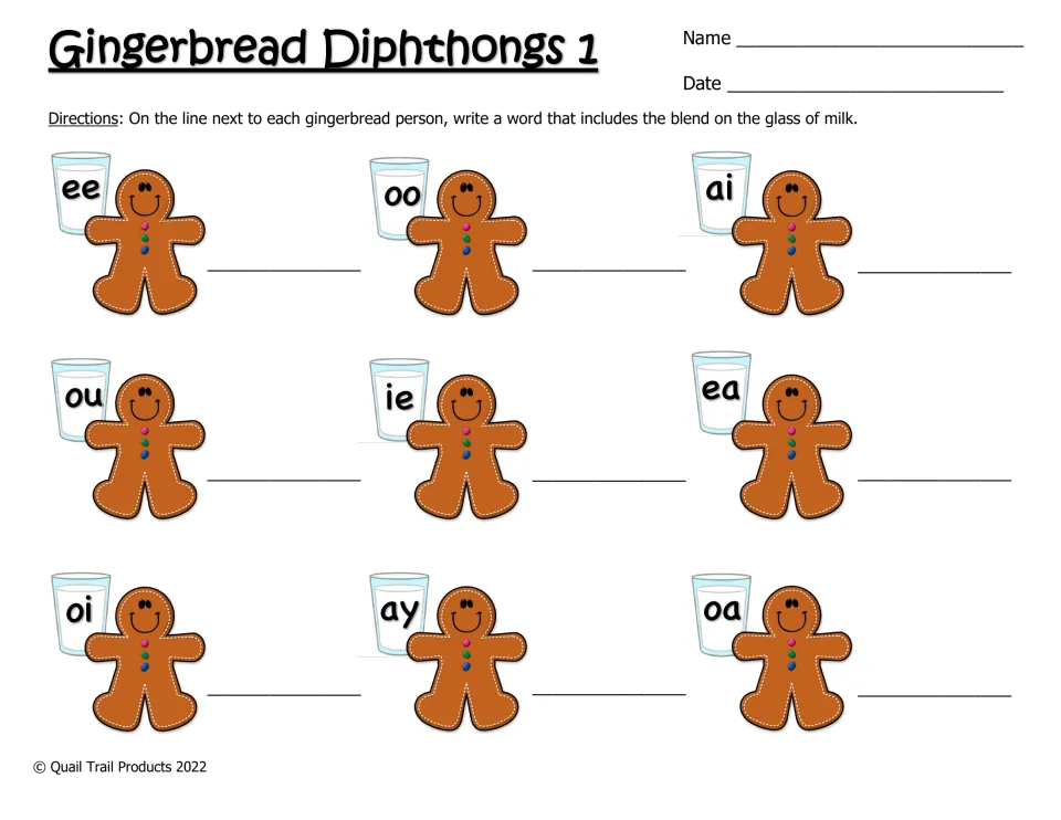 Gingerbread Diphthongs 1: students write one word using each vowel team on a milk glass, including ee, oo, ai, ou, oi and oa