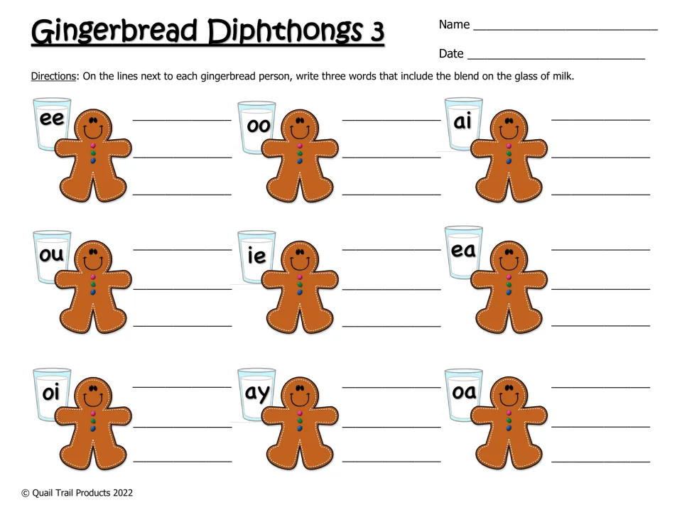 Gingerbread Diphthongs 3: students list three words for each vowel pair, ee, oo, ai, ou, ie, ea, oi, ay and oa