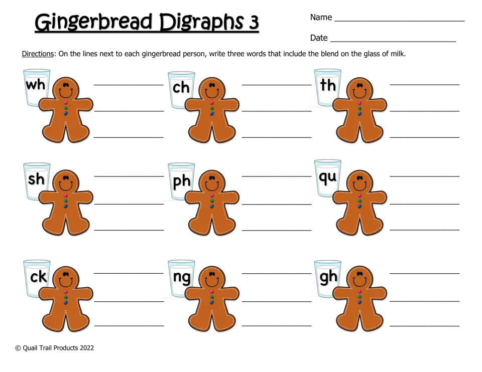 Gingerbread Digraphs 3: students generate three words apiece for wh, ch, th, sh, ph, qu, ck, ng and gh on the lines