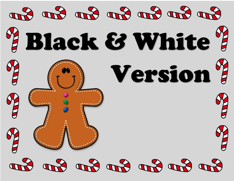 Black & White Version divider page showing a smiling gingerbread man framed by red and white candy canes