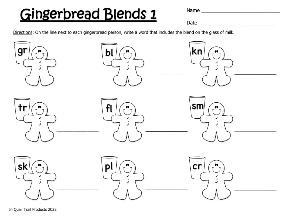 Black-and-white Gingerbread Blends 1: students write a word with each blend, gr, bl, kn, tr, fl, sm, sk, pl or cr