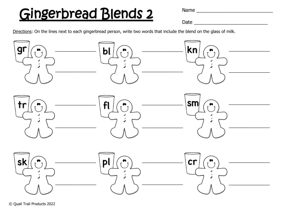 Gingerbread Blends 2 in black and white: students write two words for each blend, gr, bl, kn, tr, fl, sm, sk, pl and cr