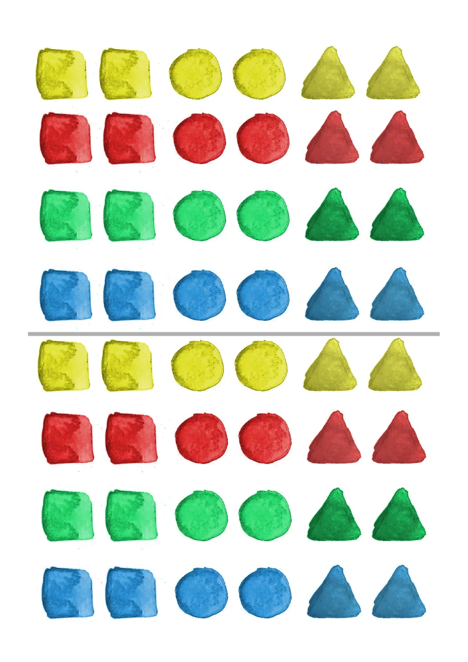 Shape game pieces: 48 squares, circles, and triangles in yellow, red, green, and blue, four of each combination.