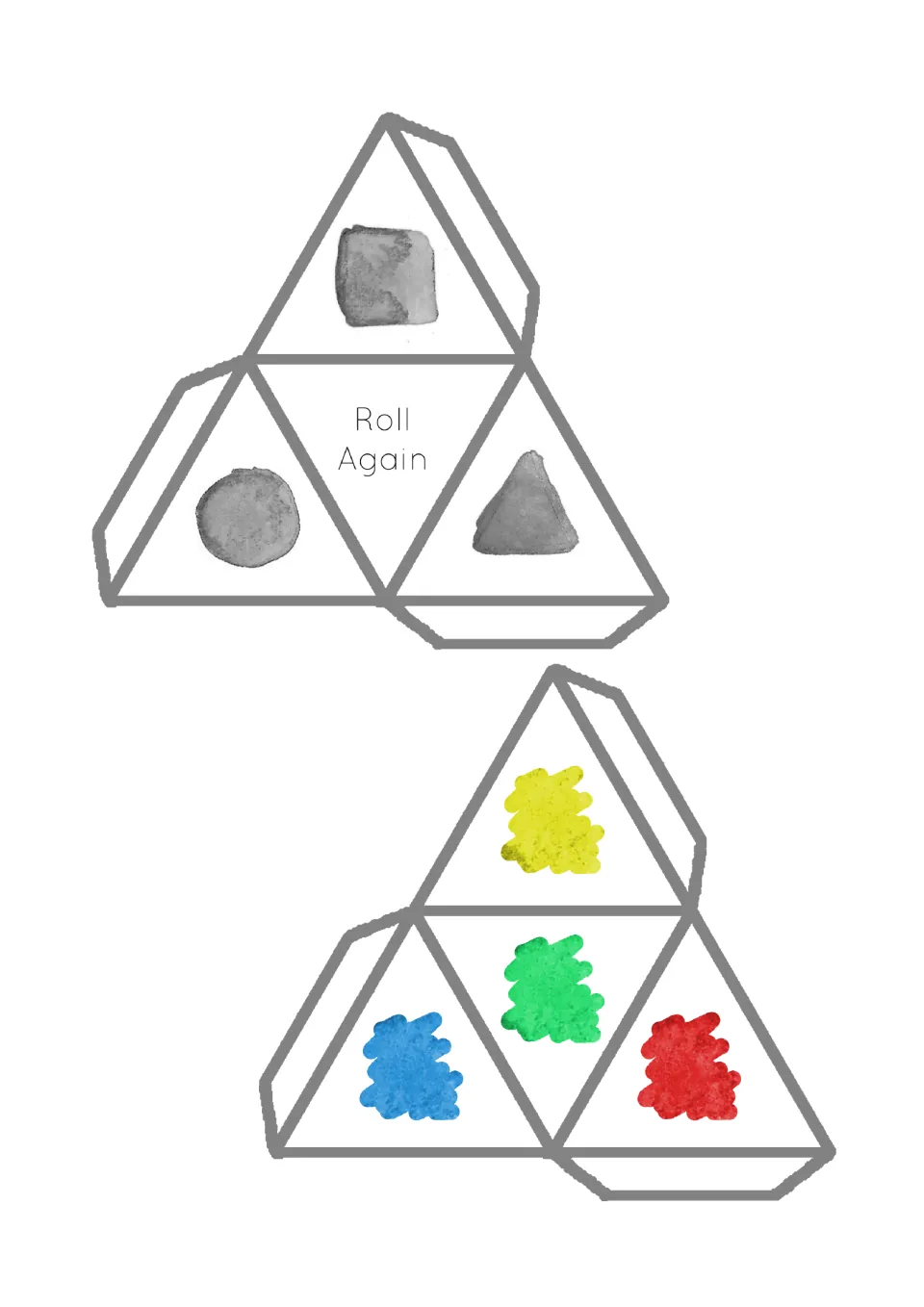 Two game dice templates: square, circle, triangle, and 'Roll Again'; yellow, green, blue, and red.