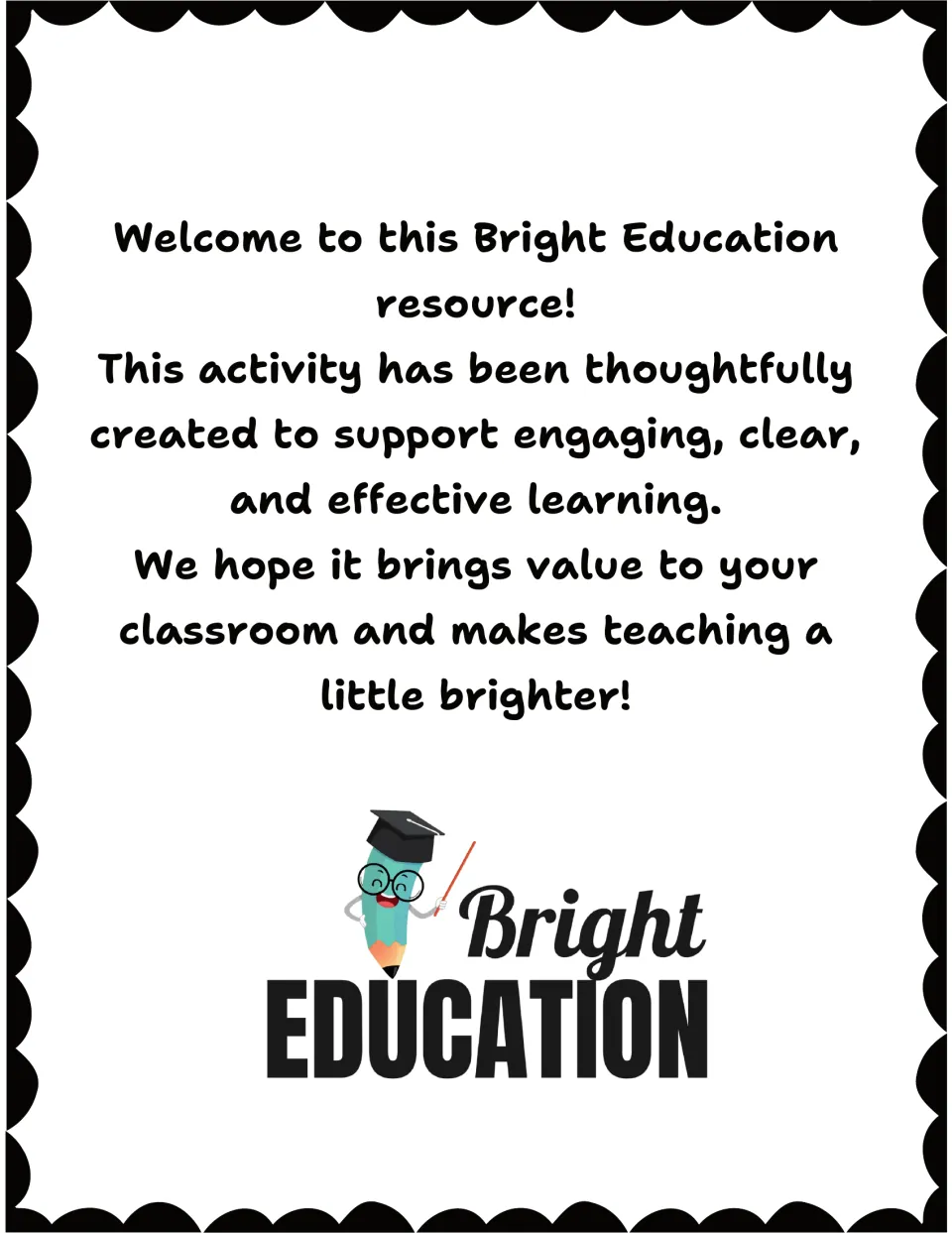 Welcome note from Bright Education introducing the resource, signed with a pencil mascot logo wearing a graduation cap