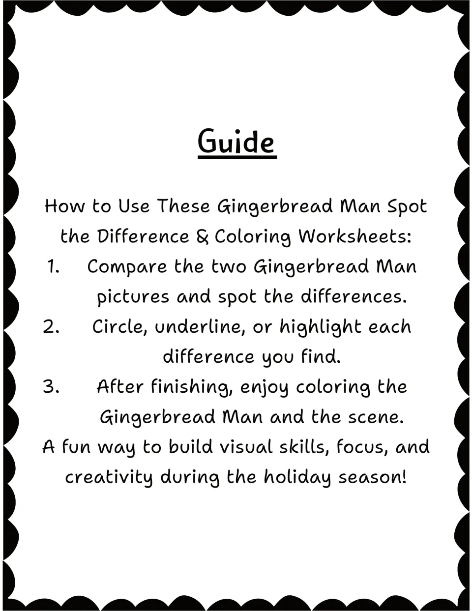 Guide page: three steps telling students to compare two gingerbread pictures, circle each difference, then color the scene