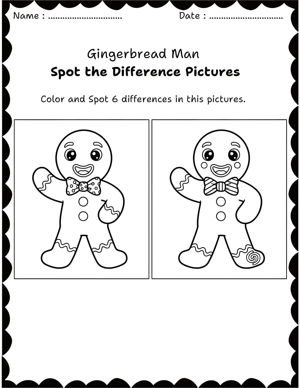Gingerbread man visual comparison: students find 6 differences, such as a dotted vs striped bow tie, then color the cookies