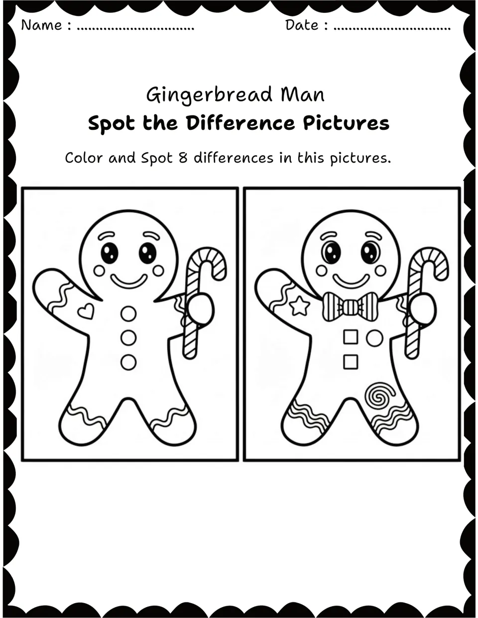 Gingerbread men holding candy canes: students spot 8 differences like a heart vs star, bow tie and square buttons