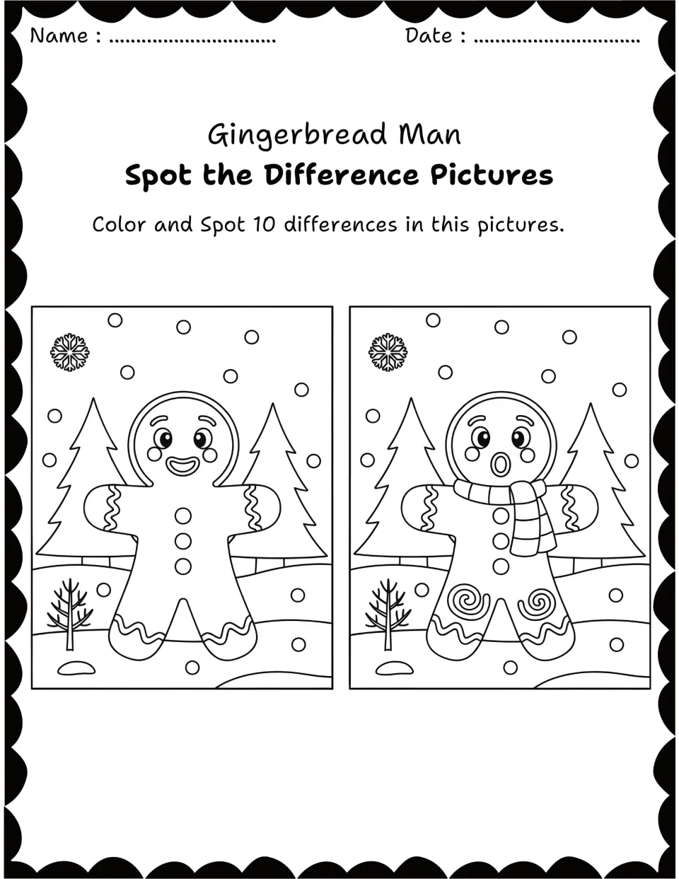 Snowy forest scene with a gingerbread man: children find 10 differences, including a scarf, surprised face and swirls