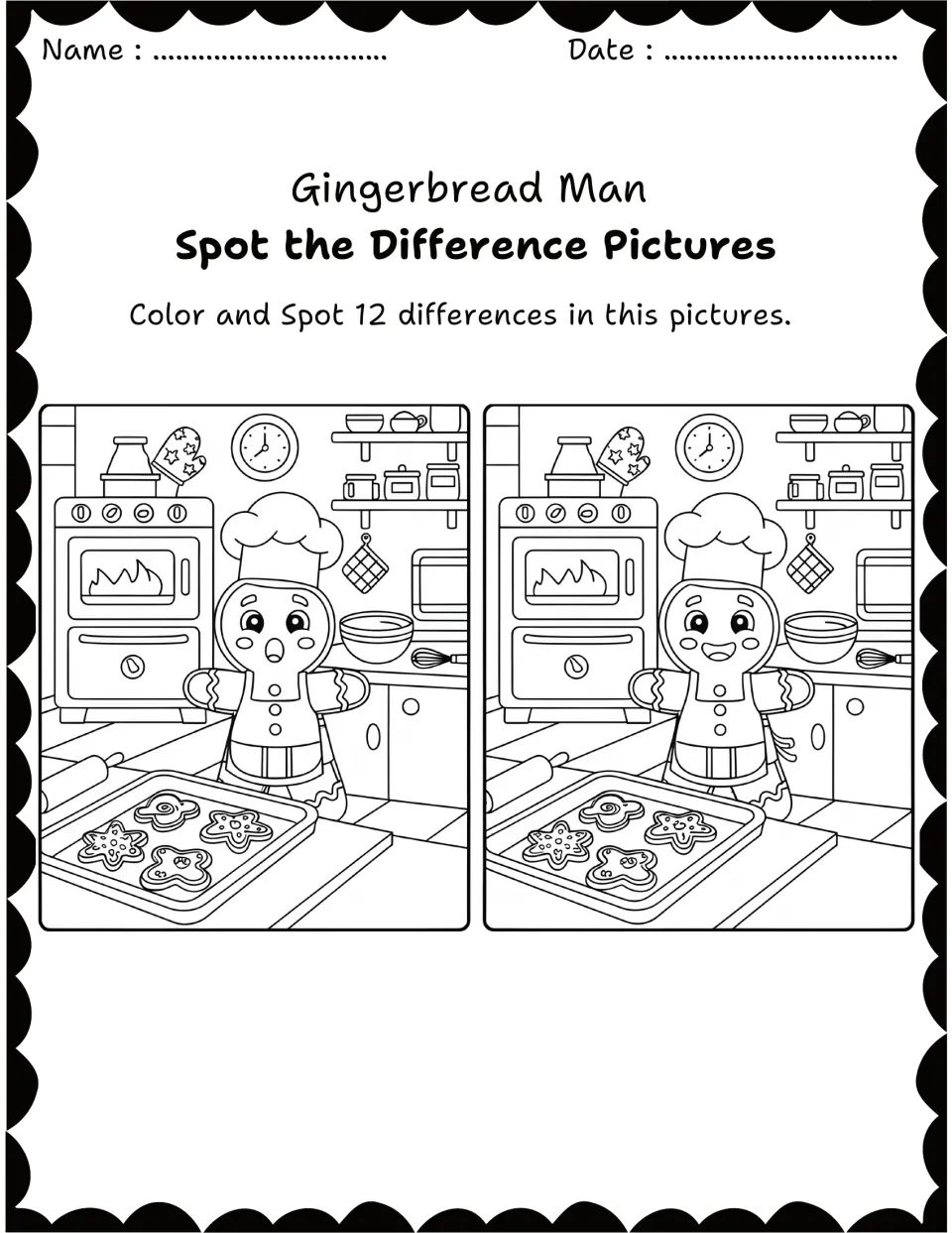 Kitchen baking scene with a chef gingerbread man by the oven: students look for 12 differences between the two drawings