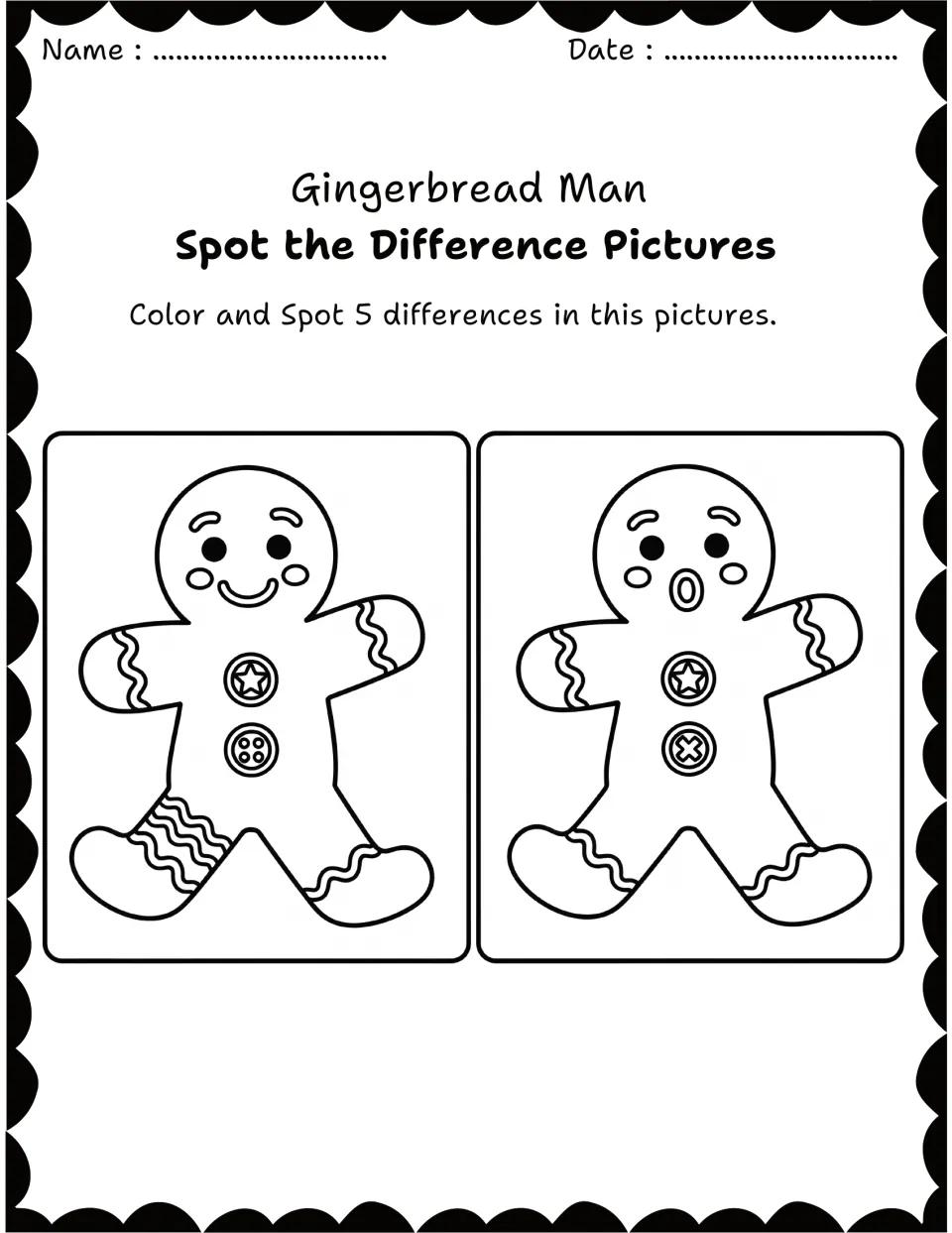 Simple gingerbread cookie pair: students find 5 differences such as a smile vs open mouth and star vs X buttons, then color