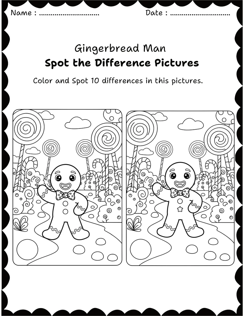 Candy land path with lollipops and candy canes: students compare a waving gingerbread man in each scene to find 10 changes