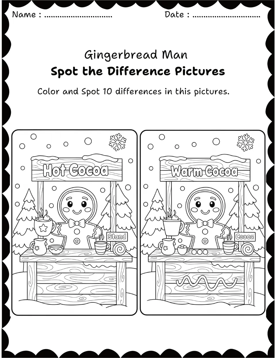 Hot cocoa stand run by a gingerbread man: students find 10 differences, such as the sign reading Hot Cocoa vs Warm Cocoa