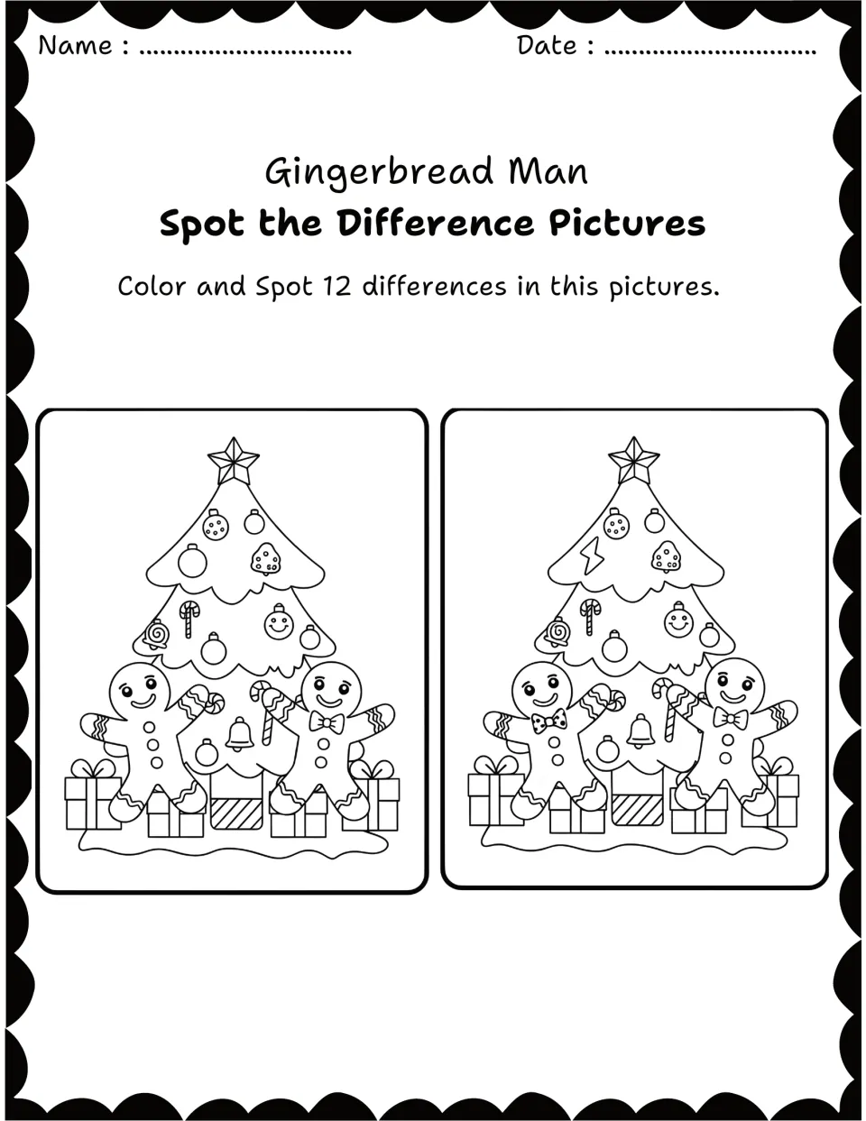 Decorated Christmas tree with two gingerbread men and gifts: students search for 12 differences in ornaments and details