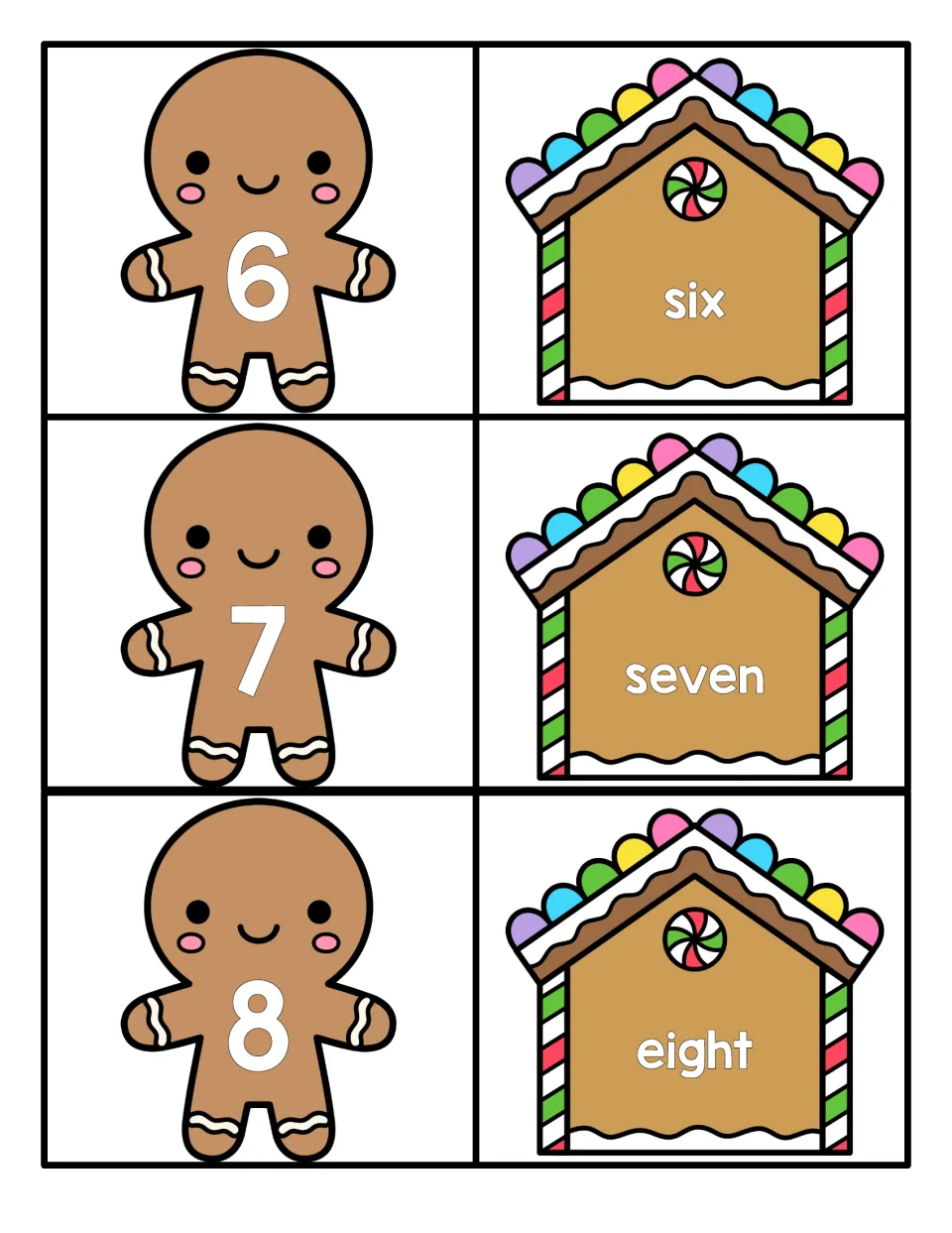 Numbers 6 to 8: students match gingerbread men showing 6, 7 and 8 to candy houses with the words six, seven, eight