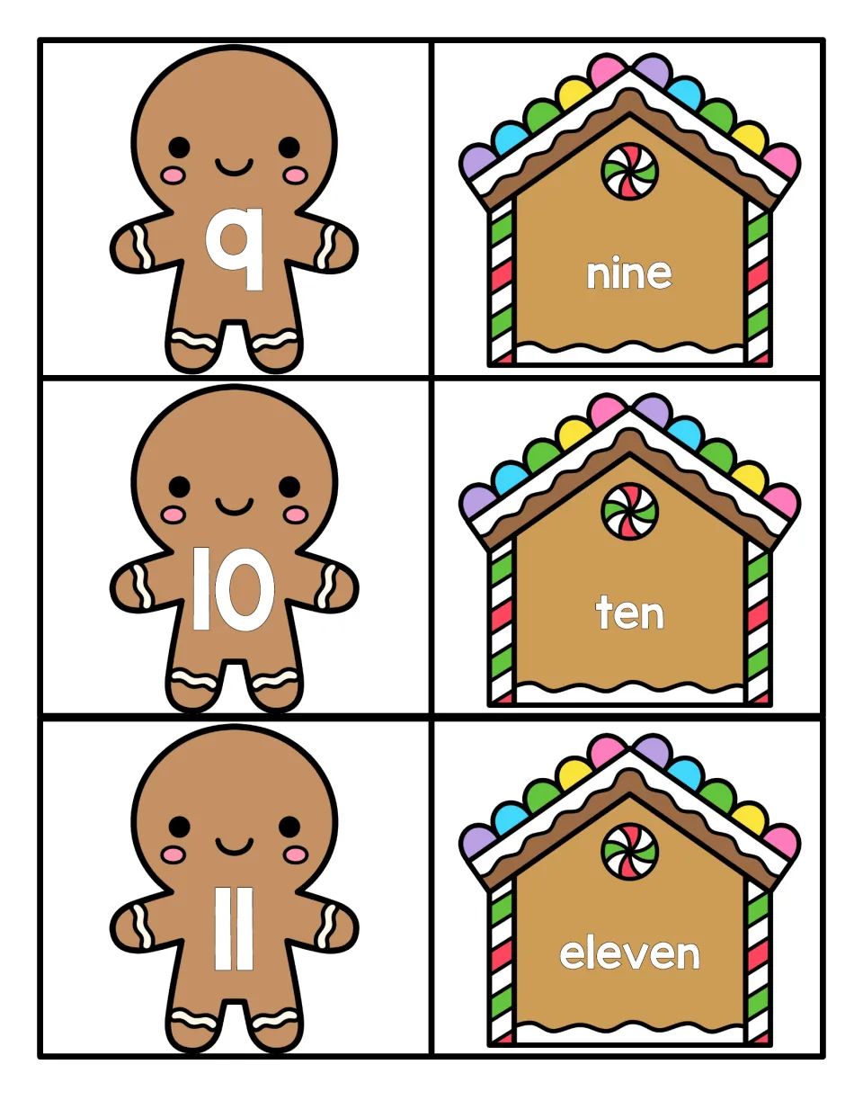 Numbers 9 to 11: numeral cards 9, 10, 11 on gingerbread men to match with house cards spelling nine, ten and eleven