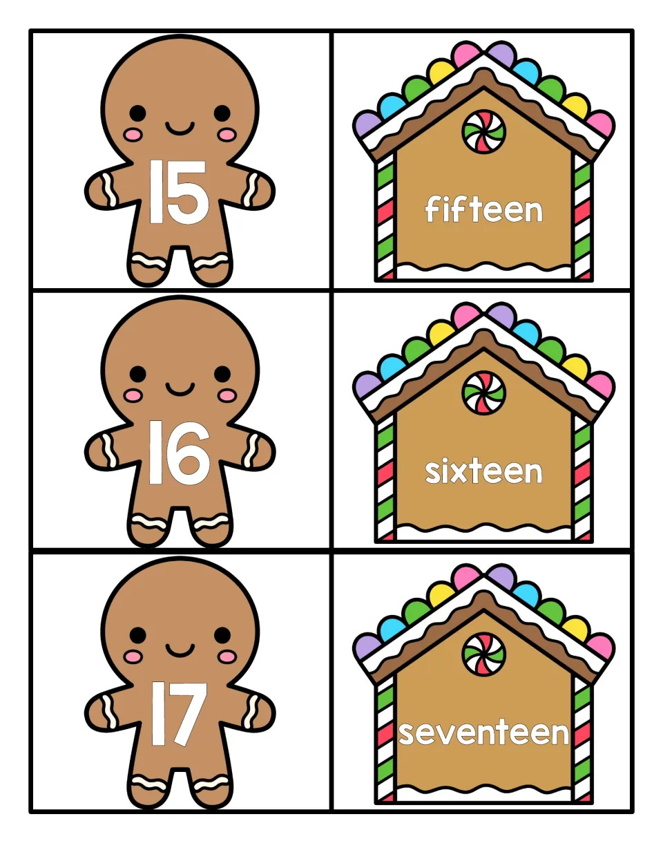 Teen numbers 15 to 17: match gingerbread man numerals 15, 16, 17 to the house word cards fifteen, sixteen, seventeen