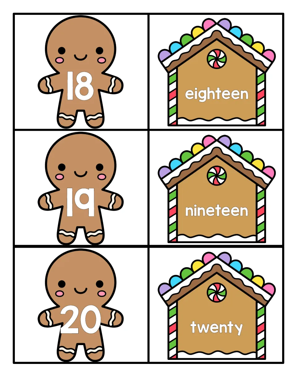 Numbers 18 to 20: gingerbread men with 18, 19, 20 to pair with candy house cards spelling eighteen, nineteen, twenty
