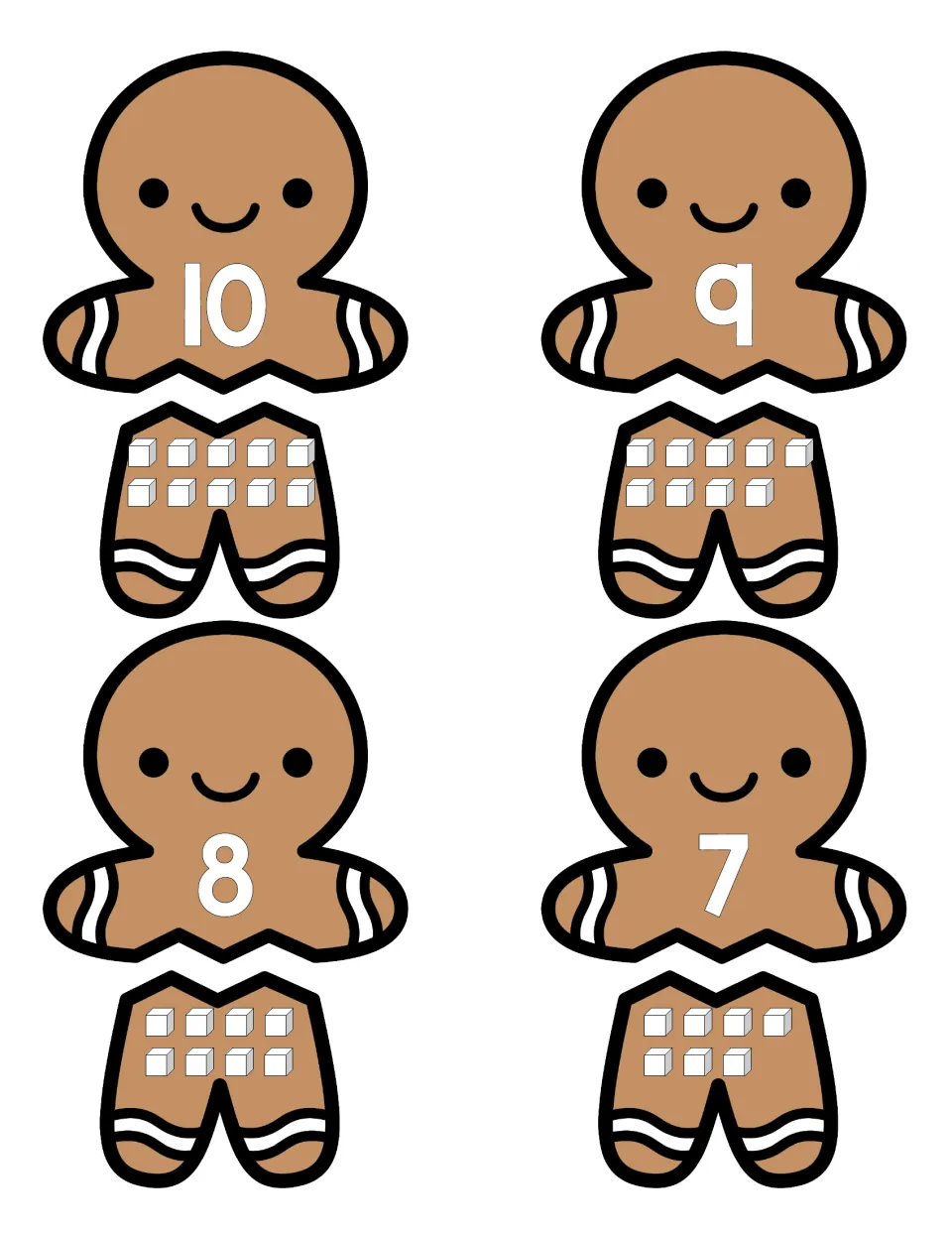Gingerbread puzzles for 10, 9, 8 and 7: students match each numeral head to the legs showing that many cubes