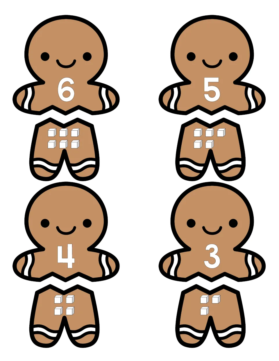 Gingerbread puzzles for 6, 5, 4 and 3: students join each numeral top to the bottom half with the matching cube count