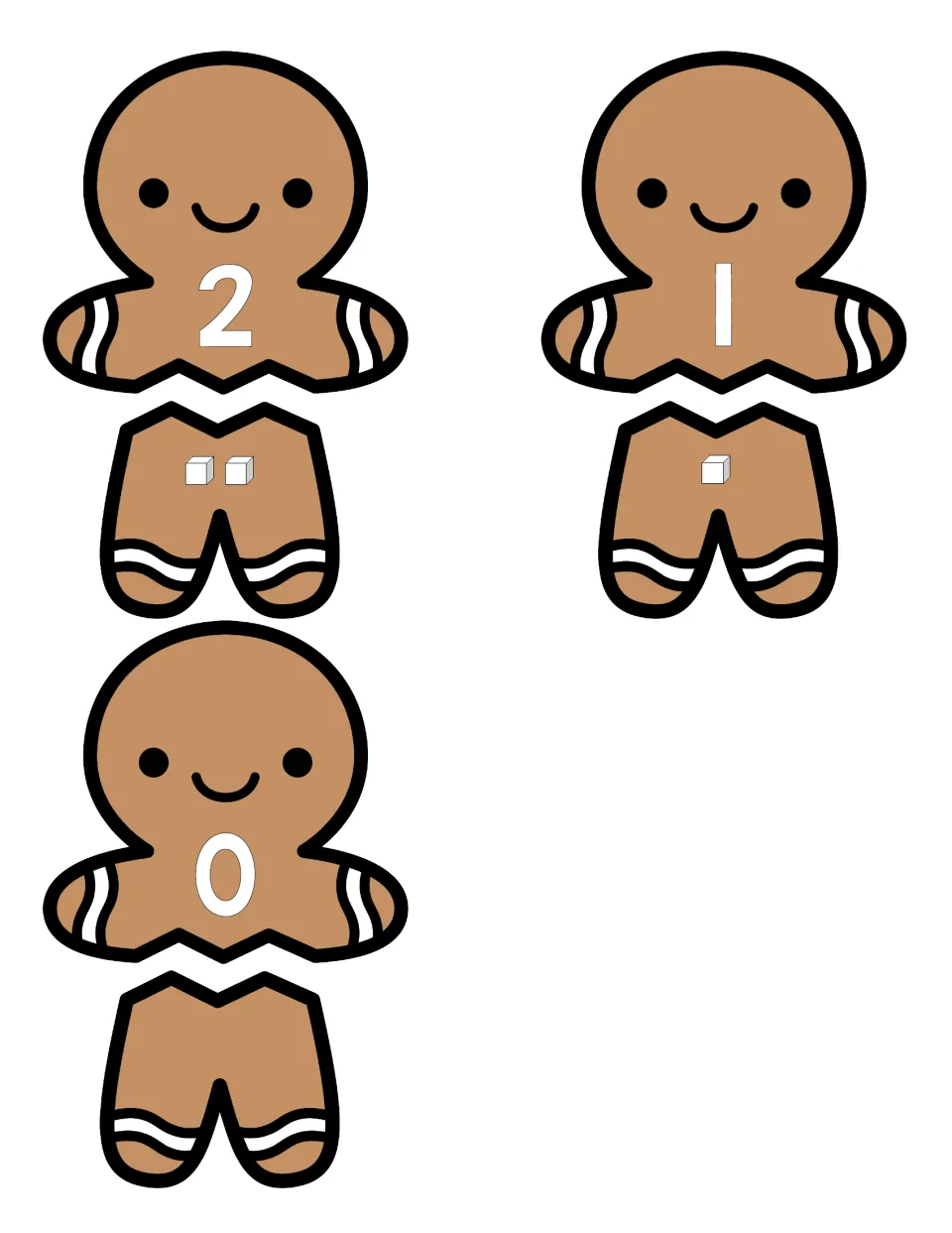 Gingerbread puzzles for 2, 1 and 0: students pair numerals with legs showing two cubes, one cube and no cubes