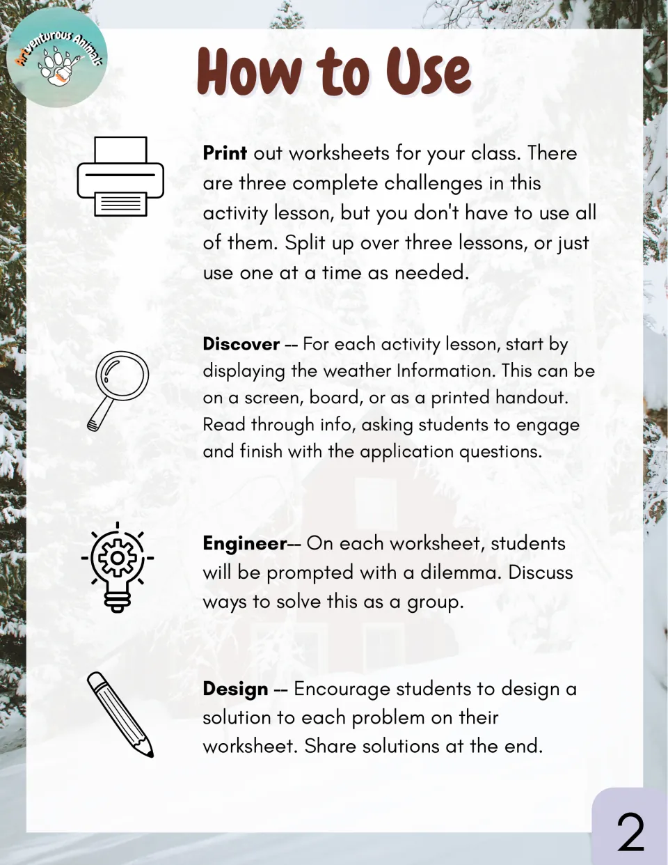 How to Use guide: print the worksheets, display weather info, discuss each dilemma as a group, design and share solutions