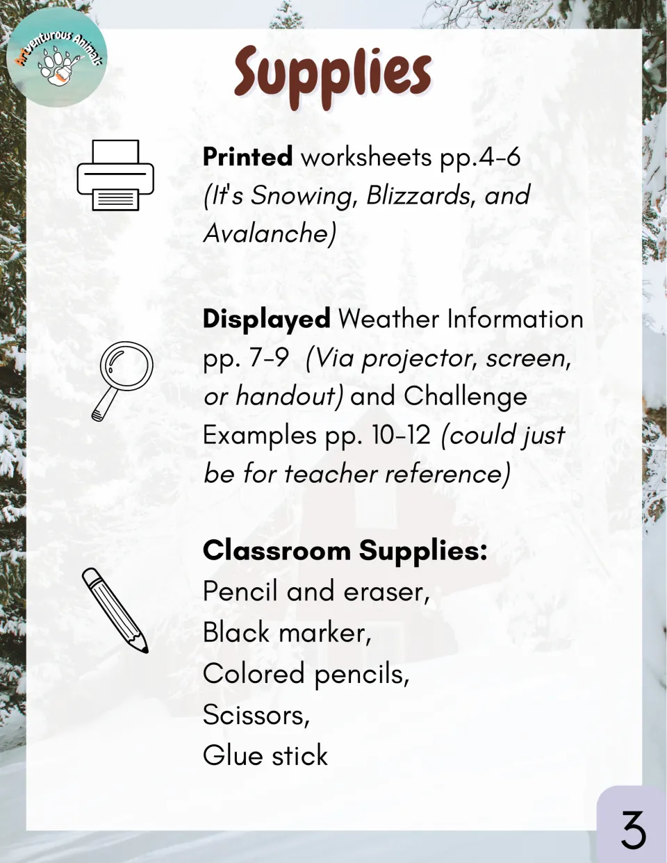 Supplies list: printed worksheets pp. 4-6, weather info pp. 7-9, examples pp. 10-12, pencils, markers, scissors, glue