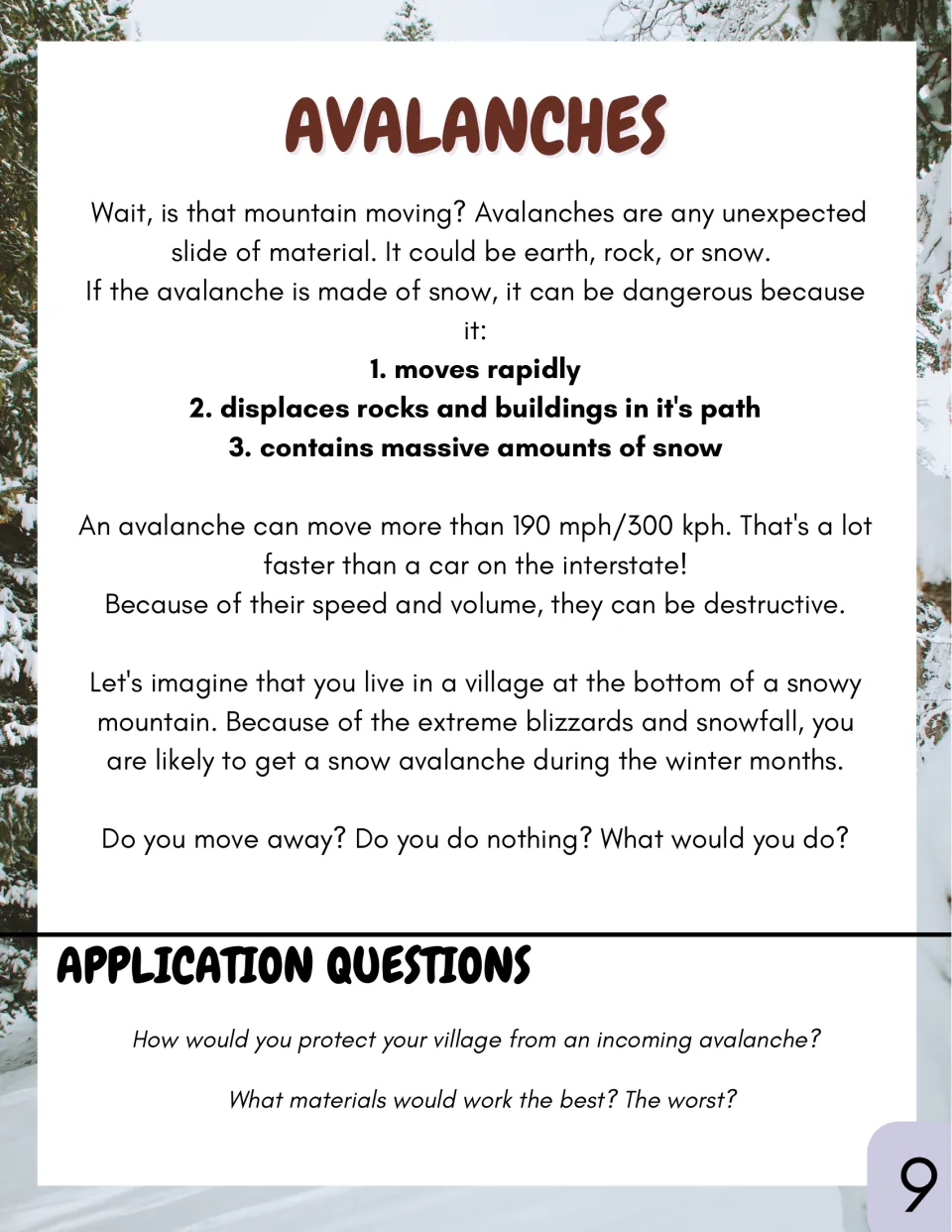 Avalanches reading on speed, displaced rocks and snow volume, with questions on protecting a village and choosing materials