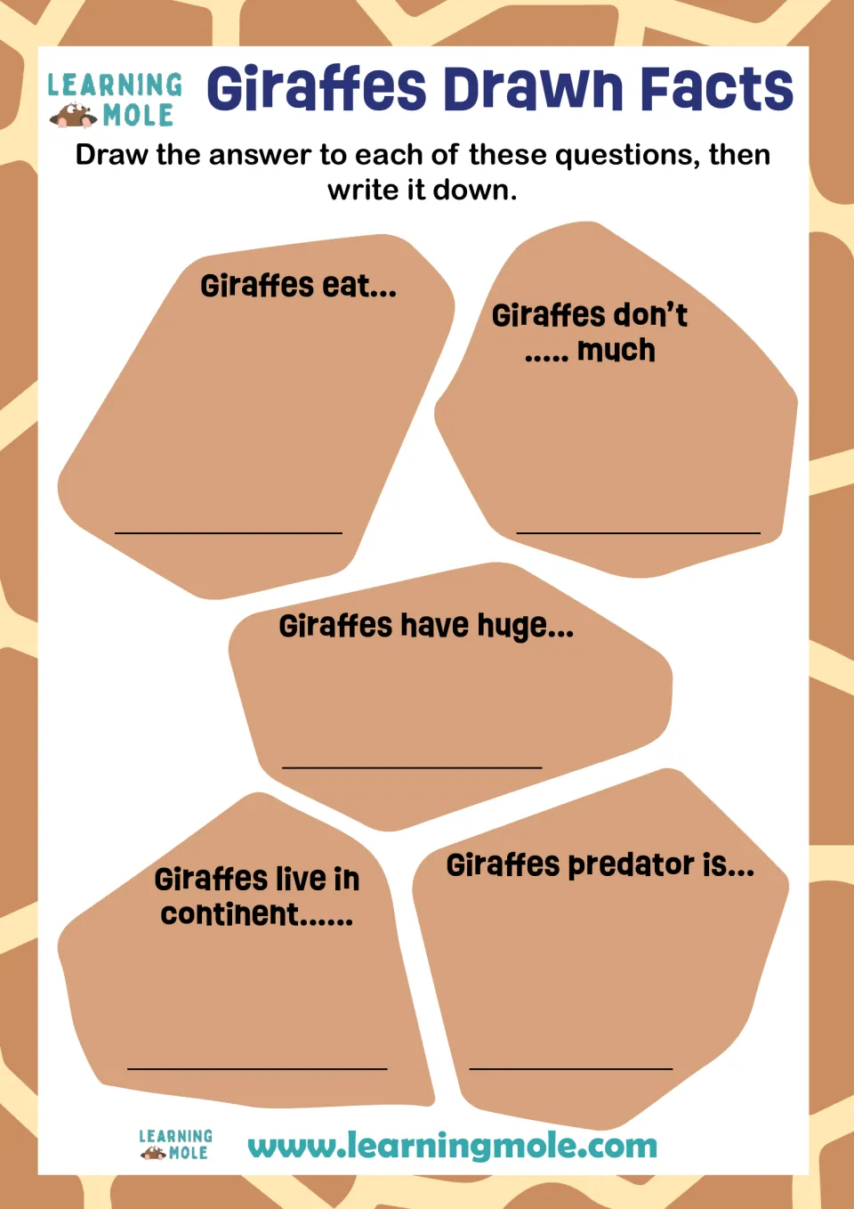 Giraffes Drawn Facts: students draw then write what giraffes eat, their huge feature, continent, predator and more