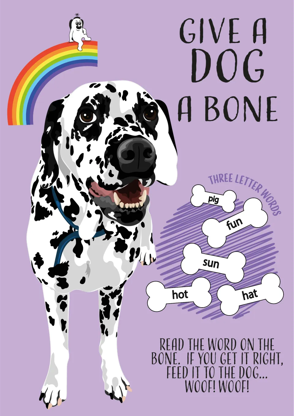 Give a Dog a Bone cover: a Dalmatian beside three-letter word bones (pig, fun, sun, hot, hat) and the read-and-feed rule
