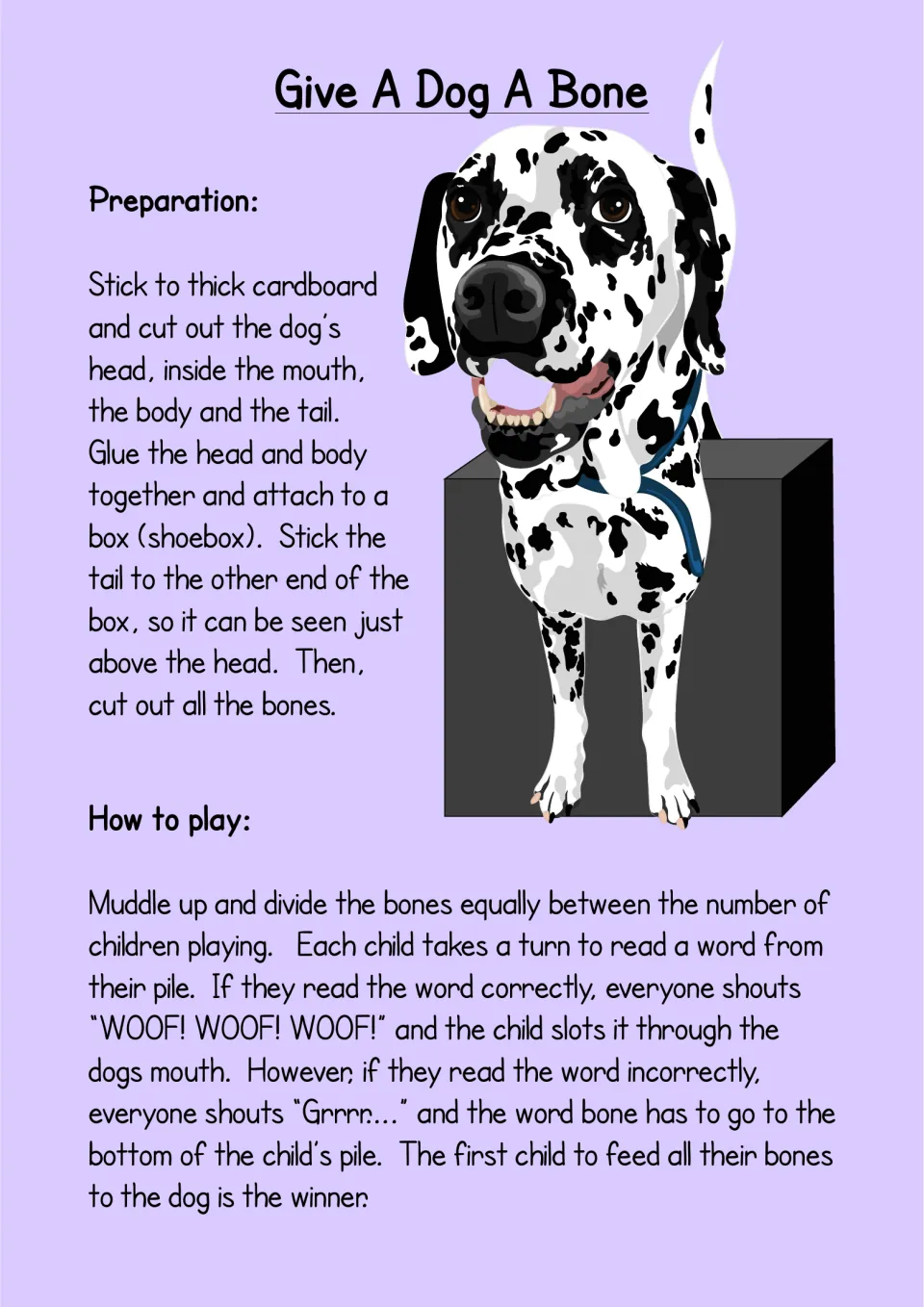 Game setup and rules: mount the dog on a shoebox, then players read word bones and feed correct ones through its mouth