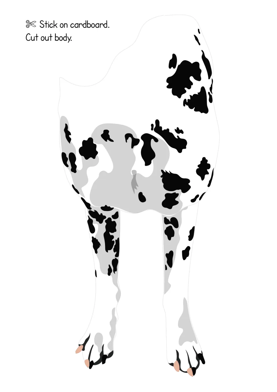 Dalmatian body cut-out piece showing the spotted chest and front legs, to stick on cardboard and glue below the head